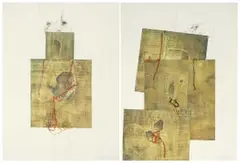 Patchwork Scarecrow I; Patchwork Scarecrow II, two by Judith Mason, lithograph and mixed media on paper, sold Jun 2022