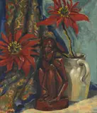Still Life with Figurine and Poinsettias by Bettie Cilliers-Barnard, oil on canvas laid down on board, sold Apr 2022