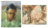 Cecil Higgs, Portrait of a Young Man in Green; Forest Scene, two, oil on canvas; mixed media on paper
