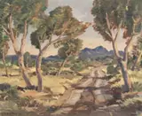 Gravel Road with Trees and Mountain by Walter Battiss, oil on canvas laid down on board, sold Apr 2022