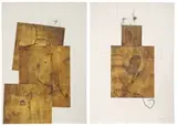 Judith Mason, Patchwork Scarecrow I and II, a pair, lithograph and mixed media on paper