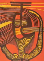Dancer by Cecil Skotnes, colour woodcut on paper, sold Apr 2022