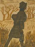 Peter Clarke, Coming from Shopping, colour woodcut on paper