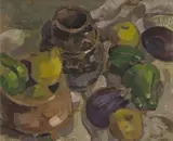 Still Life with Fruit and Vessels by Gregoire Boonzaier, oil on board, sold Apr 2022