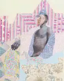 Phumulani Ntuli, At the Brow of the Hill, acrylic and transfer on canvas, unframed