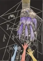 Ben Mphande, The Helping Hand, linocut and watercolour on paper