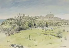 Enslin Du Plessis, Devon Castle, watercolour over pencil with heightening on paper laid down on card