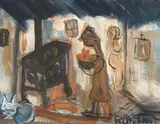Interior with Figures, Cat, and Stove by Frans Claerhout, acrylic on cardboard, sold Apr 2022