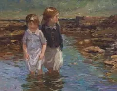 Adriaan Boshoff, Two Children Playing in a Rockpool, oil on canvasboard