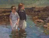 Two Children Playing in a Rockpool by Adriaan Boshoff, oil on canvasboard, sold Apr 2022