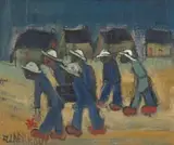 Pallbearers by Frans Claerhout, acrylic on canvas laid down on board, sold Apr 2022