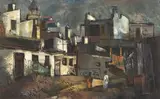 George Enslin, Figures in a City Street, oil on canvas laid down on board