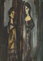 Pranas Domšaitis, Two Female Figures, oil on board