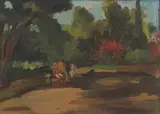 Aristotelis Vasilikiotis, Mother and Child on a Park Bench, oil on board