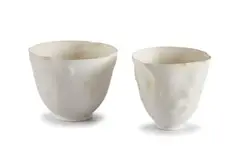 Katherine Glenday, Two Bowls, each with green protuberances, painted unglazed porcelain