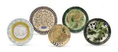 John Leask Nowers, Five Plates, variously painted, five, glazed ceramic plate