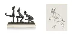 Bruce Arnott, Theseus, Minotaur, Minos; Minotaur, two, Theseus, Minotaur, Minos: bronze on a wooden base; Minotaur: ink on paper