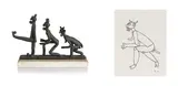 Bruce Arnott, Theseus, Minotaur, Minos; Minotaur, two, Theseus, Minotaur, Minos: bronze on a wooden base; Minotaur: ink on paper