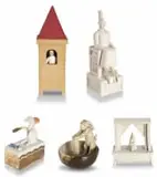 John Leask Nowers, The Thoughtful King; Figure on Stage; Figure in Tower; Animal with Gold Fan, four, glazed porcelain and stoneware