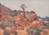 Rocky Landscape with Quiver Tree by Piet van Heerden, oil on canvas laid down on board, sold Mar 2022