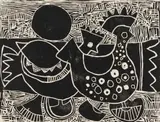 Lucky Sibiya, Chickens, linocut on paper