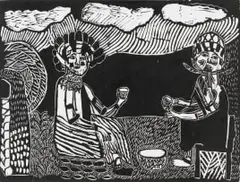 Edith Bukani, Umqomboti (African Beer) under the Bed, linocut on paper