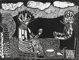 Edith Bukani, Umqomboti (African Beer) under the Bed, linocut on paper
