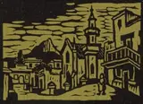 Gregoire Boonzaier, Bo-Kaap Street Scene with Mosque, linocut on paper
