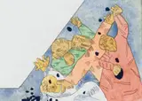 Robert Hodgins, A Stoning, coloured etching on paper