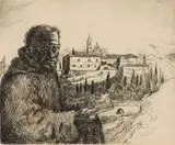 François Krige, Monk and Distant Church, etching on paper