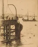 Dorothy Kay, Fishing, etching on paper