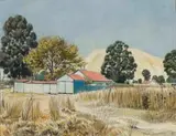 Waalko Dingemans Jnr, Old Mine House at Robinson Mine (or Crown Mines), Johannesburg, S.A., charcoal and watercolour on paper