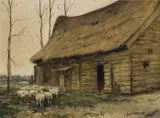 Tinus de Jongh, Dutch Barn with Sheep, watercolour and charcoal on paper