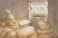 Simon Parkin, Barn Interior, watercolour on paper