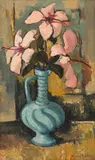 David Botha, Hibiscus Flowers in a Blue Vase, oil on canvas laid down on board
