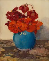 Frans Oerder, Mixed Red Flowers in a Blue Jar, oil on canvas