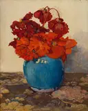 Mixed Red Flowers in a Blue Jar by Frans Oerder, oil on canvas, sold Mar 2022