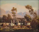 Cottage with Tall Trees in Mountain Landscape (Near Barrydale) by Tinus de Jongh, oil on canvas, offered Mar 2022