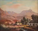 Landscape with Cottages (Near Barrydale) by Tinus de Jongh, oil on canvas, sold Mar 2022