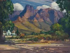Hugo Naude, Cape Dutch Farm House in Mountain Landscape, oil on board