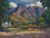 Cape Dutch Farm House in Mountain Landscape by Hugo Naude, oil on board, sold Mar 2022