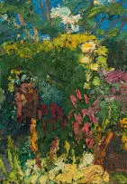 Garden Arch and Gate, Polygonum, Impatiens, Lilies and Roses, Rotterhill by George Rowlett, oil on canvas, sold Mar 2022