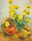 Fleur Ferri, Still Life with Flowers and Vegetables, oil on board
