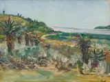 Coastal Landscape with Aloes by Hugo Naude, oil on board, sold Mar 2022