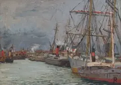 Ruth Prowse, Ships in Harbour, oil on board