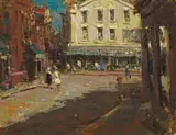 Street Scene with Figures and Pavement Café by Adriaan Boshoff, oil on canvas laid down on board, sold Mar 2022
