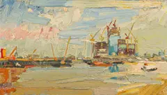 Canary Wharf Nearing Completion, Sun over Deptford by George Rowlett, oil on canvas, offered Mar 2022