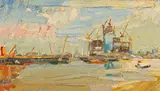 George Rowlett, Canary Wharf Nearing Completion, Sun over Deptford, oil on canvas