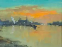 Ian Houston, Sundown at Battersea, oil and acrylic on canvas laid down on board