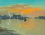 Ian Houston, Sundown at Battersea, oil and acrylic on canvas laid down on board